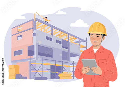 Smiling Construction Worker in Orange Overalls Holding Tablet.