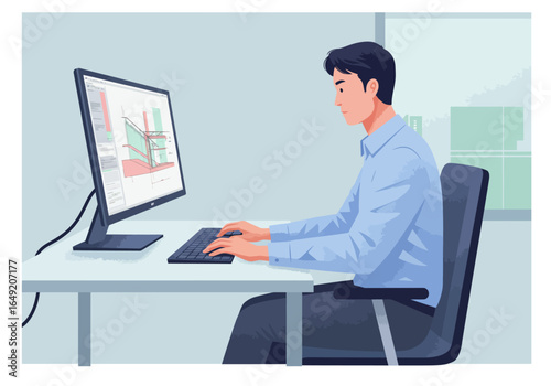 Man Working on Computer with Architectural Design on Screen.