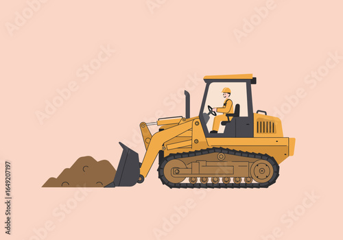 Yellow Bulldozer with Operator Pushing Pile of Dirt.