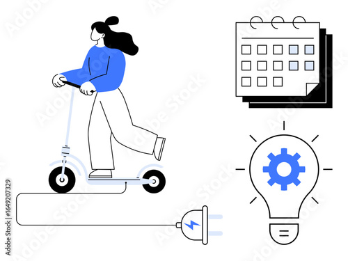 Woman riding an electric scooter connected to a power source, a calendar indicating planning, and a light bulb symbolizing creativity and innovation. Ideal for sustainability, mobility, energy