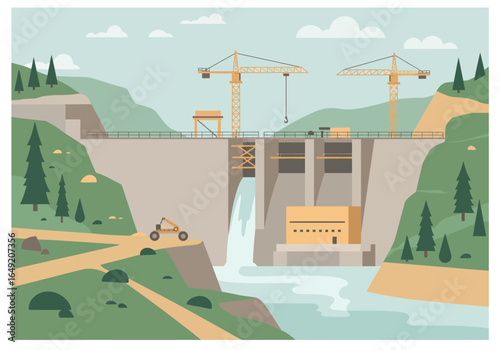 Flat Vector Illustration of a Hydroelectric Dam with Cranes and Waterfall.