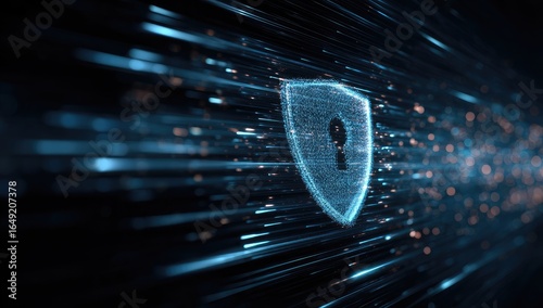 Abstract digital shield with data streams.  A glowing, polygonal shield, with a keyhole symbol embedded, is central to the image.