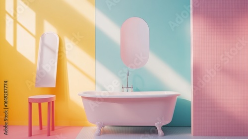 Modern pink and pastel bathroom interior scene with sunlight shadows for home decor architecture design lifestyle photography visuals
