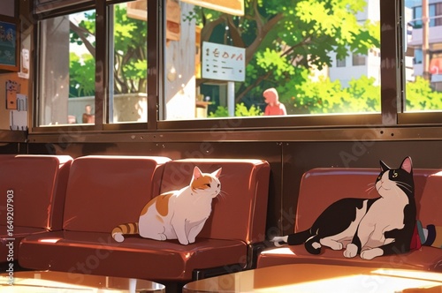 Cozy anime café scene, cats lounging on furniture, warm light through big windows, pastel tones