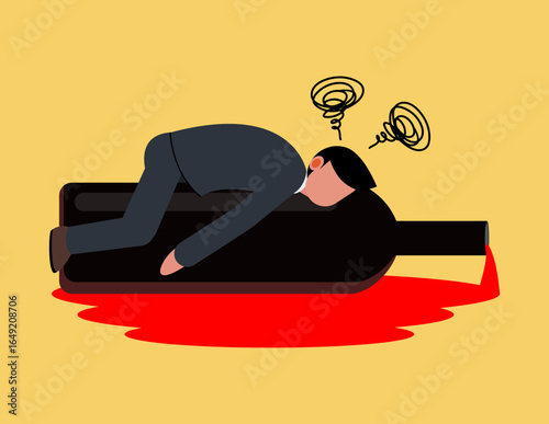 Alcohol addiction. A Drunk businessman sleeps on a bottle of liquor