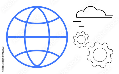 Blue globe symbolizing global connections, two mechanical gears, and cloud lines. Ideal for technology, teamwork, innovation, digital solutions, global reach, system integration simple landing page