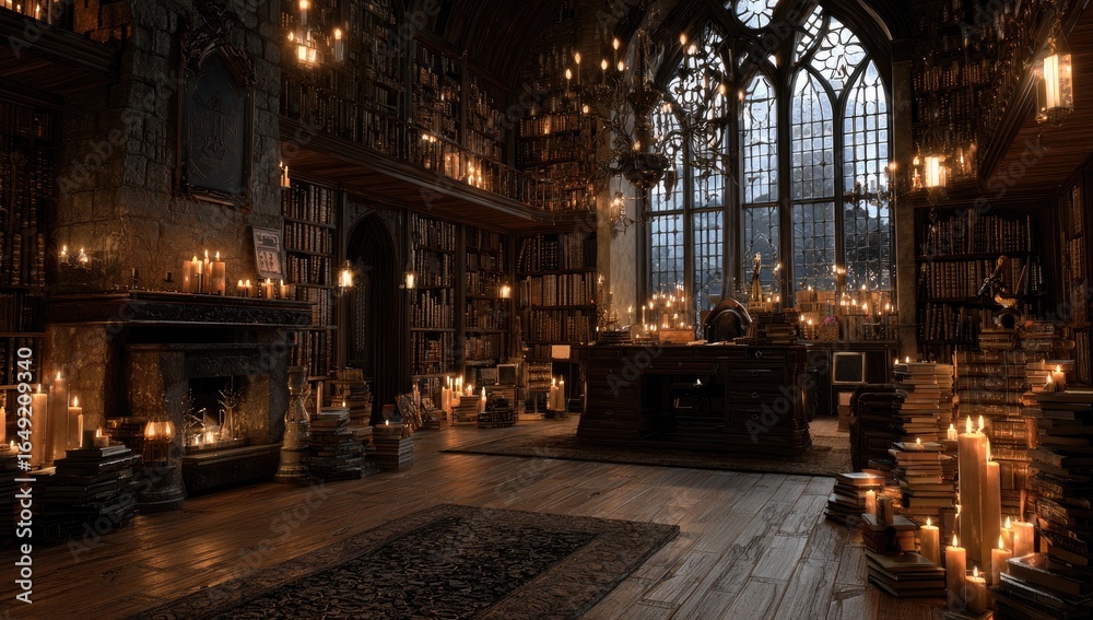 Obraz premium A dimly lit, ancient library with towering bookshelves, a fireplace, and many candles