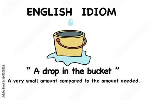 Hand drawn picture of a bucket with a water drop. Educational illustration for teaching English Idiom. “A drop in the bucket” and its meaning. Perfect for ESL materials, classroom language posters. 