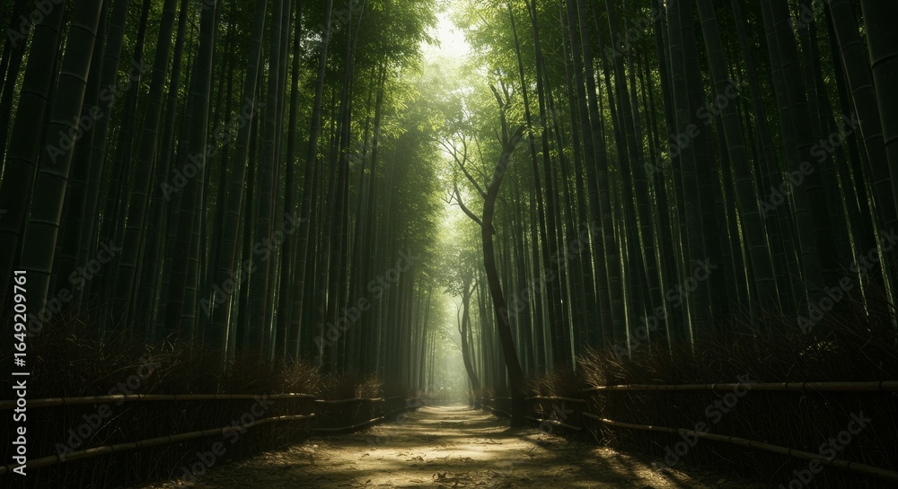 Naklejka premium Dense bamboo forest with sunlight streaming through