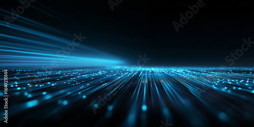 Blue glowing digital data flow on futuristic cyber landscape
