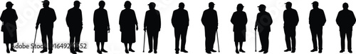 Silhouettes of elderly men and women standing in a row, some using walking canes, senior citizens group on white background