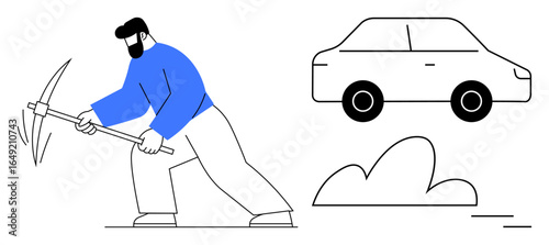 Man using pickaxe in mining action, car illustration, minimal cloud shape. Ideal for mining industry, hard work, resource extraction, transportation, energy, economy simple flat metaphor