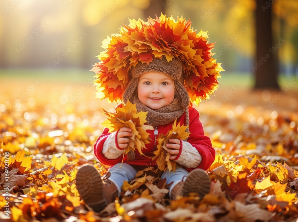 Cute child sits in warm autumn clothes with a wreath of leaves in a colorful outdoor setting full of fallen foliage Cute child sits in warm autumn clothes with a wreath of leaves in a colorful outdoor setting full of fallen foliage