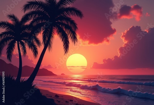 tropical palm silhouette vibrant sunset sky color palette island escape tranquil dusk horizon, clouds, beach, nature, landscape, twilight, nightfall, outdoors