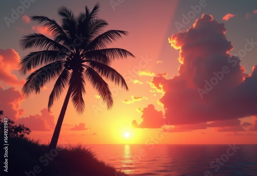 tropical palm tree silhouette vibrant sunset sky colorful gradient dramatic cloud formation, european, evening, nature, outdoors, landscape, beach, branches