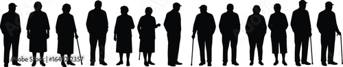 Silhouettes of elderly people standing in a row, walking sticks, senior citizens, retirement, aged men and women, isolated white background
