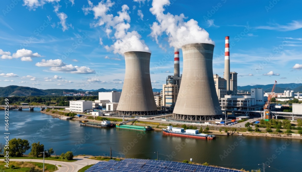 Fototapeta premium Power plant operations industrial site aerial view urban environment energy production concept
