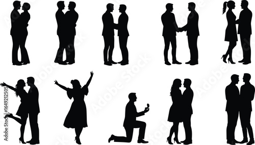 Silhouettes of romantic couples embracing, dancing, proposing, handshake moments, love, engagement, celebration, happiness, passion, relationship, joy, black and white, togetherness, emotion