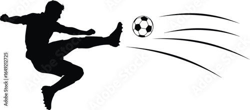Soccer player kicking a ball with motion lines, isolated on white background