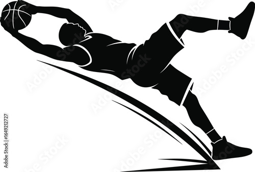 Silhouette of a basketball player doing a layup with speed lines isolated on white background