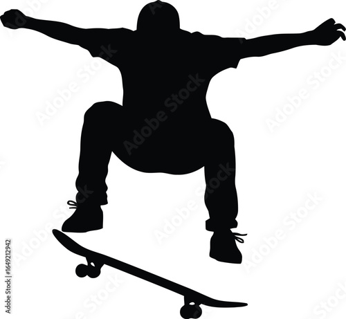 Silhouette of a skateboarder performing a trick isolated on white background, showcasing skill and balance