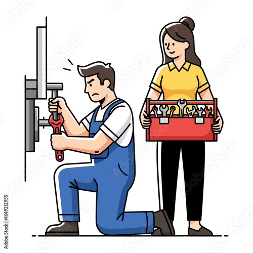 Plumber Working: A skilled plumber meticulously repairs a plumbing fixture, while their assistant offers the necessary tools, highlighting a cooperative and efficient work dynamic.