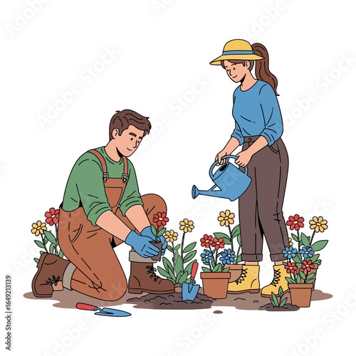 Cultivating Blooms: A couple collaborate harmoniously in their garden, tending to vibrant blossoms and nurturing a thriving patch of floral beauty.