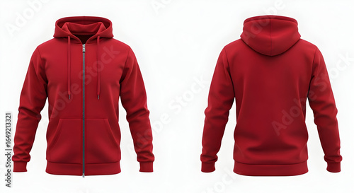Classic red full-zip hoodie front and back views on white ideal for showcasing apparel designs product mockups and fashion e-commerce visuals