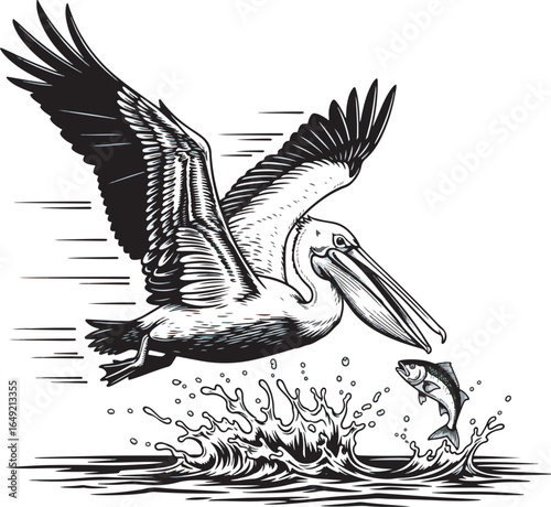 Black and White Pelican Vector Illustration