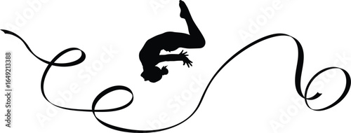 Silhouette of a gymnast performing a backflip with a ribbon isolated on white background