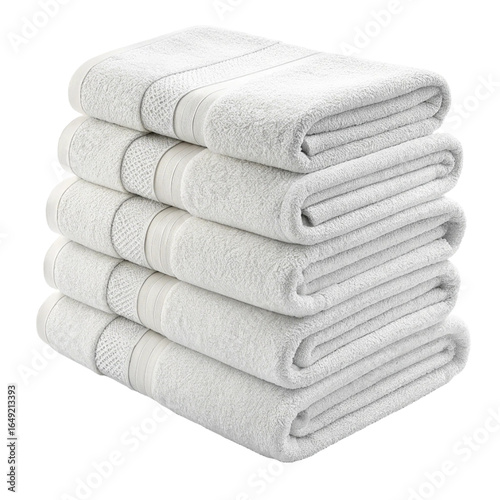 Stack of clean white folded bath towels with subtle stripes
