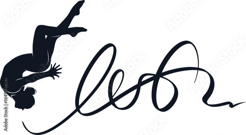 Silhouette of a gymnast performing a backflip with a ribbon isolated on white background