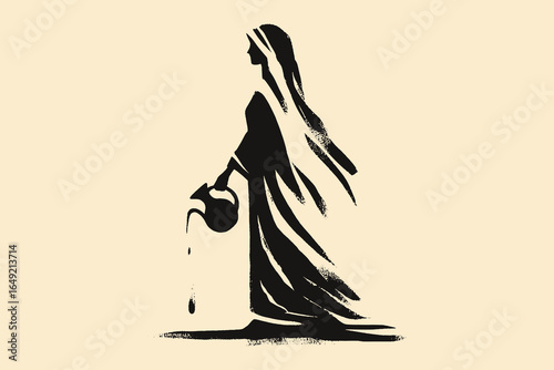 Woman carrying water jar minimalist black silhouette vector illustration