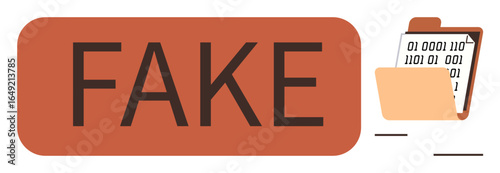 Red FAKE label paired with a document containing binary code in a folder. Ideal for misinformation, data integrity, digital fraud, fake content, cybersecurity, information verification, false claims