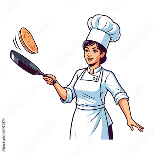 Pancake chef at Work: A talented chef, confidently tossing a golden pancake in a frying pan, embodying culinary skill and the art of breakfast preparation. Capturing warmth, culinary mastery.