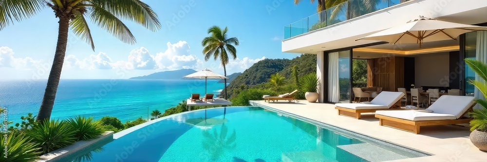 Fototapeta premium Luxury holiday villa with private pool, spacious terrace, and stunning ocean views Perfect for a relaxing getaway or family vacation Enjoy the sun-drenched paradise , vacation rental, barbeque