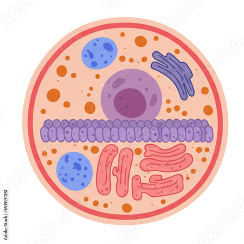 Vibrant illustration of a stylized animal cell showcasing nucleus, mitochondria, and endoplasmic reticulum
