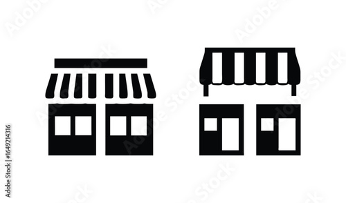 Two stylized black and white storefronts with awnings and windows