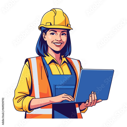 Female Construction Worker with Laptop: A smiling female construction worker, helmet-clad and holding a laptop, symbolizes modern construction and technological integration