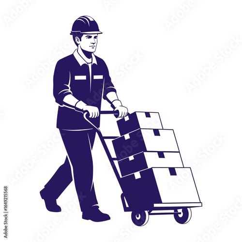Delivery Person with a Cart: A strong delivery person, clad in professional attire and a safety helmet, confidently maneuvers a hand truck laden with stacked cardboard boxes.