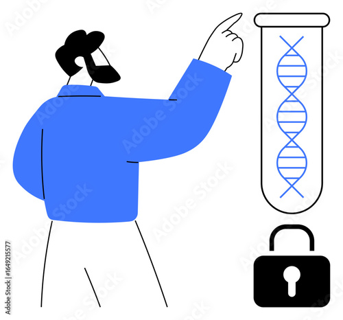 Person pointing to DNA inside test tube with padlock below, emphasizing genetics, security, science, research, innovation, data protection, and biotechnology. Ideal for health biotech privacy