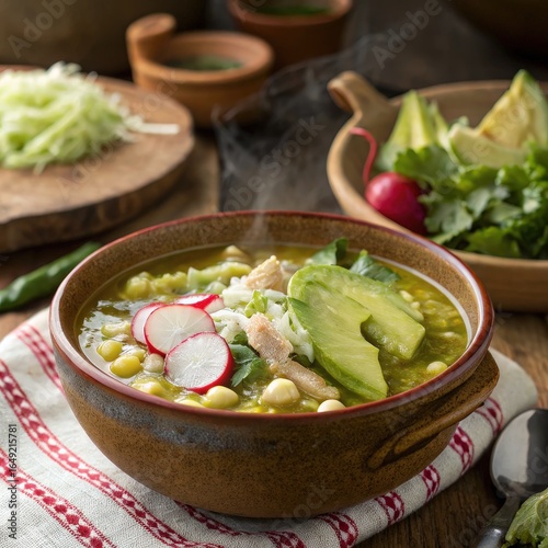 Authentic Mexican Pozole Verde Soup with Fresh Toppings.