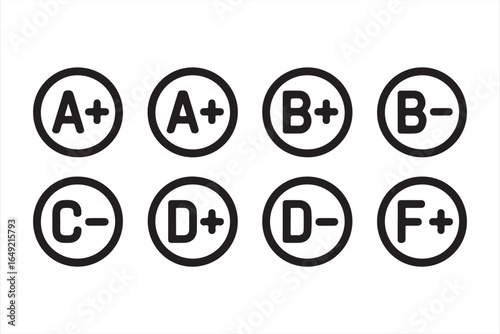 Set of School Evaluation Icons - A+, B+, C-, D+, F+ Grading Scale