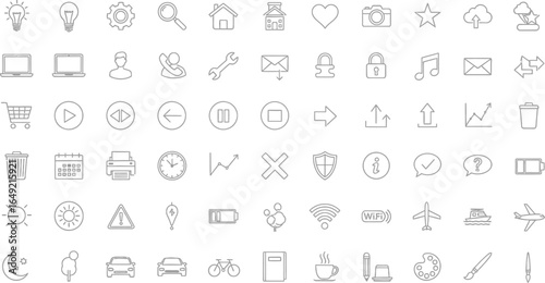 Collection of various outline style icons on a white background representing diverse functionalities