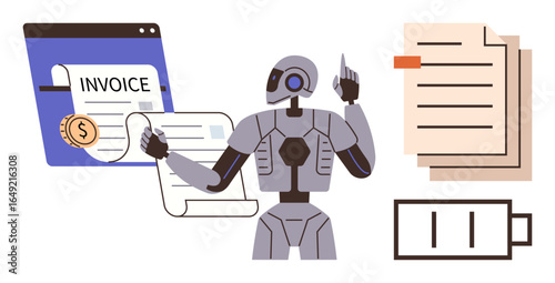 AI robot manages invoices, sorts documents, and tracks energy usage. Ideal for automation, finance, technology, efficiency, workflow optimization, digital transformation simple flat metaphor