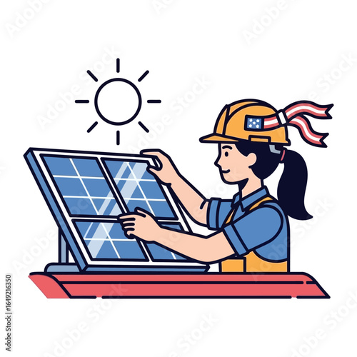 Energy Solutions: A skilled professional, clad in protective gear, diligently works to install or maintain a solar panel under the bright sun.