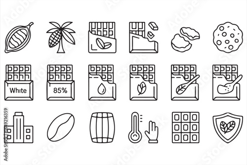 Chocolate Bar, Cookie, and Cocoa Bean Icons in Line Art Style