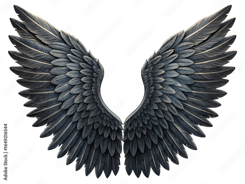 Obraz premium Isolated symmetrical dark wings spread wide with detailed feather texture on a white background