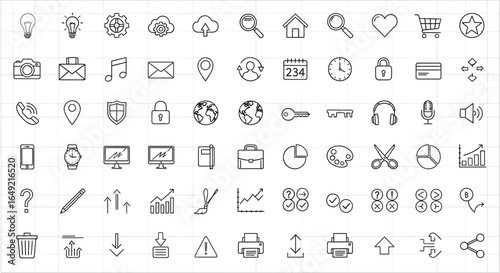 Collection of various line art icons representing different concepts and functionalities on white background