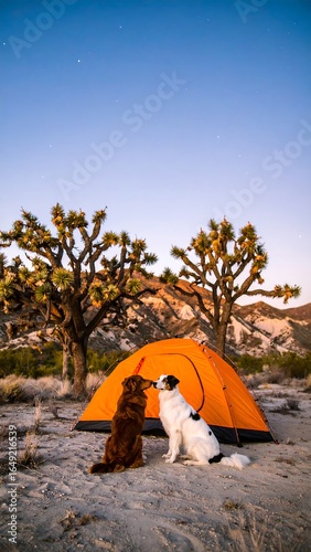Two dogs near a tent at dusk